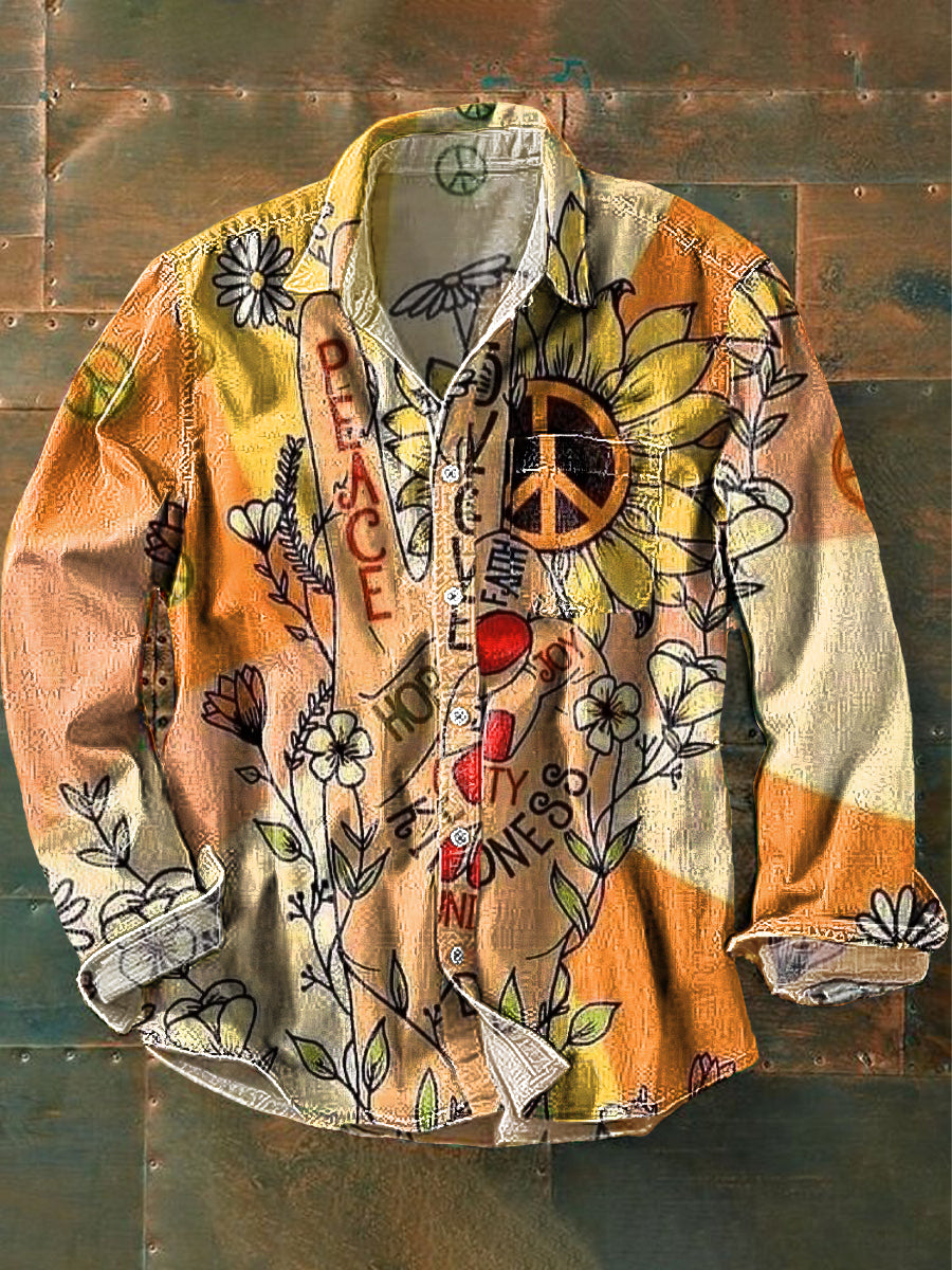Unisex Vintage Frieden und Liebe Daisy Art Print Baumwolle Revers Langarm Taschen hemd