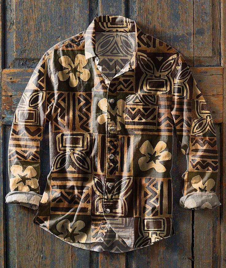 Herren Retro Ethnic Print Lässiges Revers Langarm Hemd