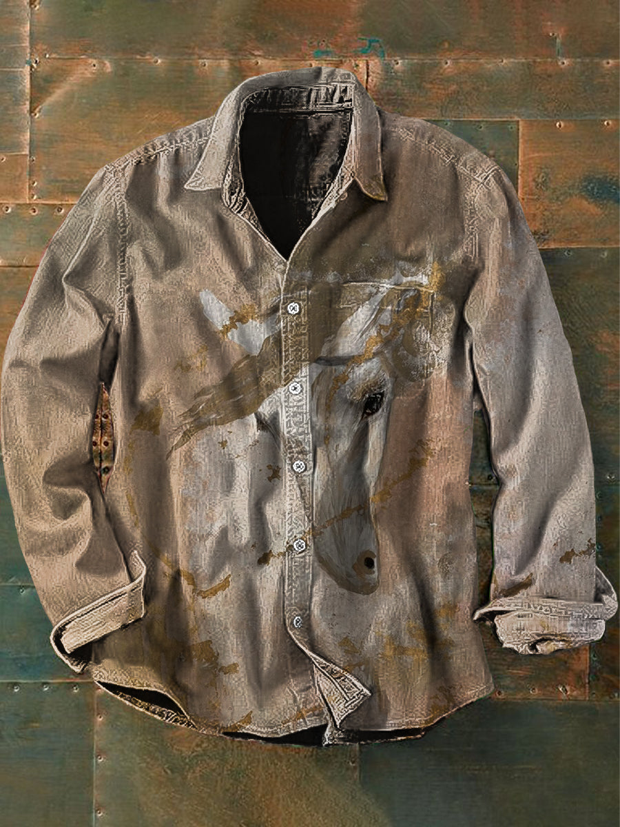 Unisex Herren Vintage Western Ethnic Pferd Abstrakt Print Lässiges Langärmliges Hemd