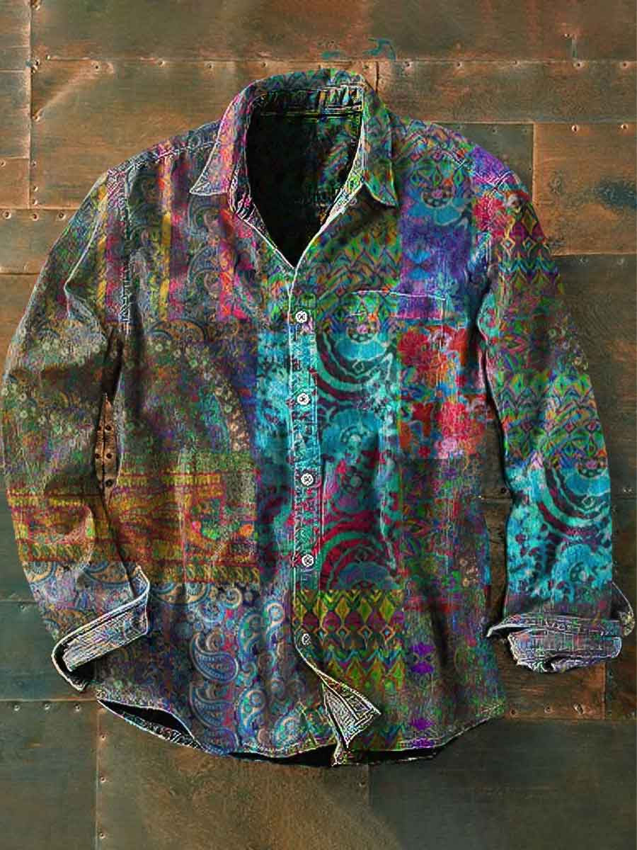 Unisex Herren Vintage Ethnisches mehrfarbiges geometrisches Blumen-Abstrakt-Print-Langarm-Hemd