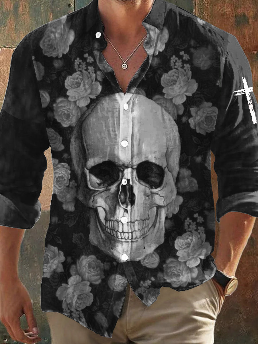 Langärmliges Hemd im dunklen Stil für Männer mit Skull-Rose-Print