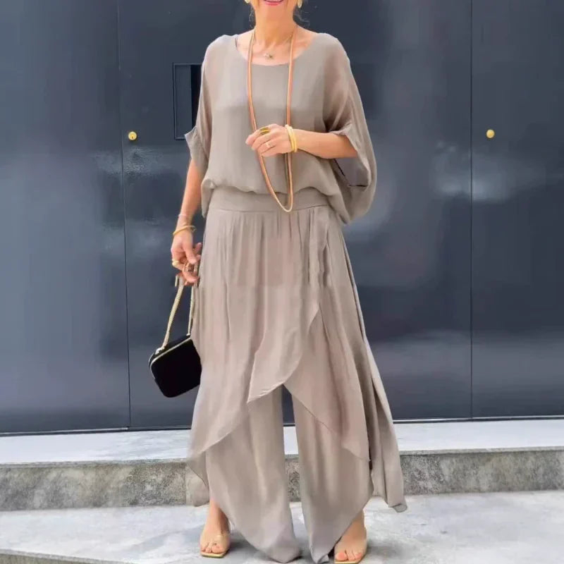 2-teiliges Set aus Chiffon mit lockerem Oberteil und weiten Schlitzhosen