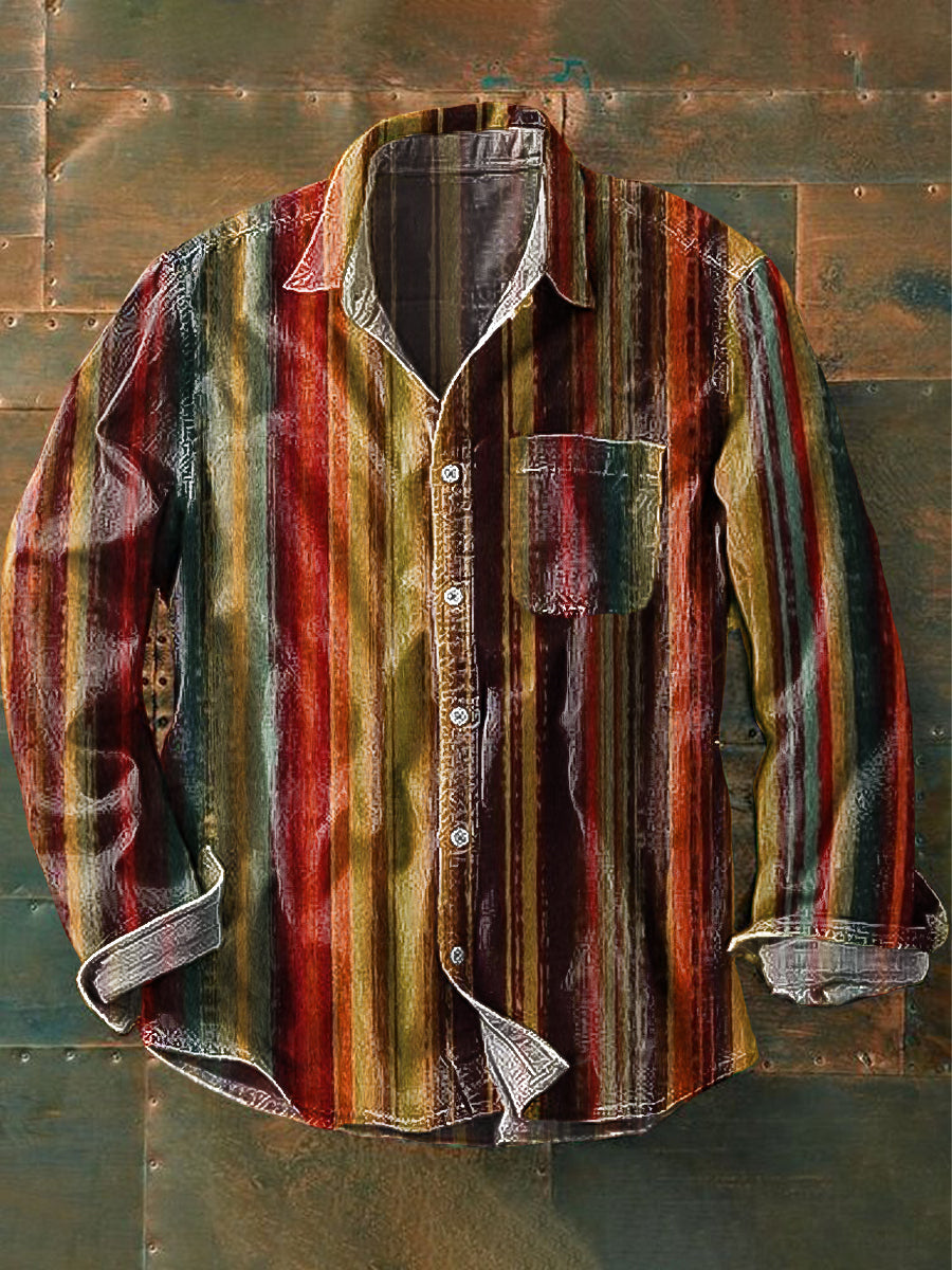 Herren-Vintage-Farbstreifen-Kunstdruck-Revers-Langarm-Taschen hemd