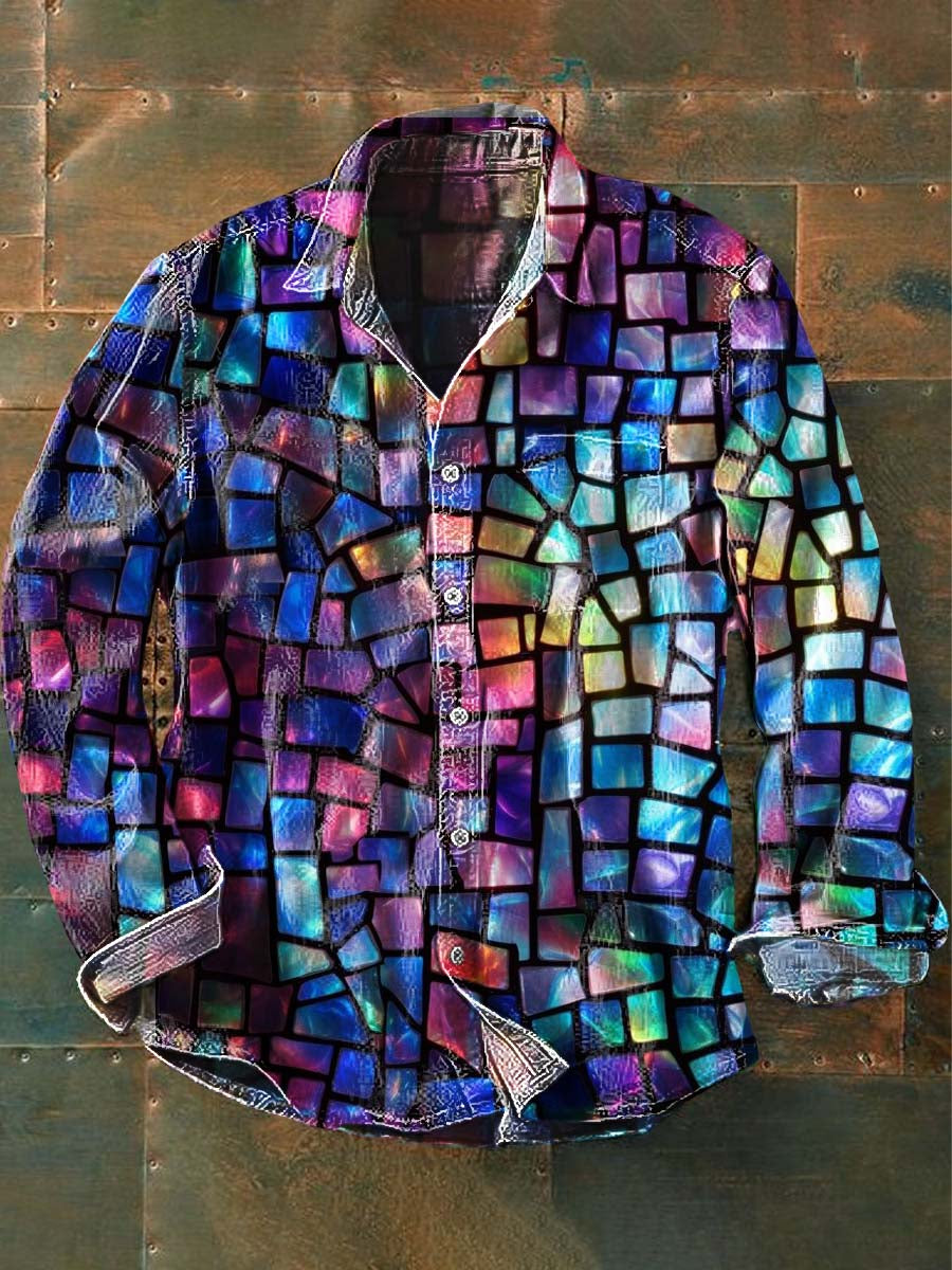 Langärmliges Herren hemd mit Buntglas druck, abstrakt, lässig