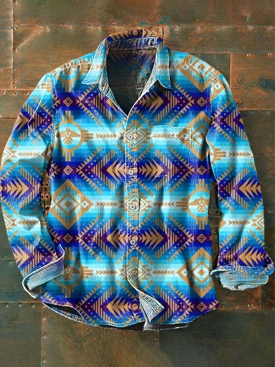 Herren Western Vintage Print Lässiges Langarm-Hemd