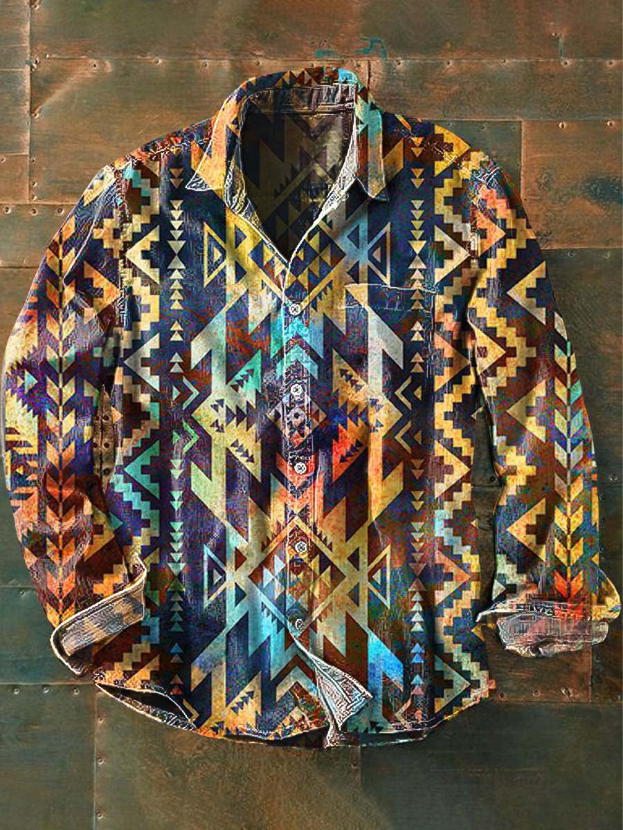 Herren Western Vintage Print Lässiges Langarm-Hemd