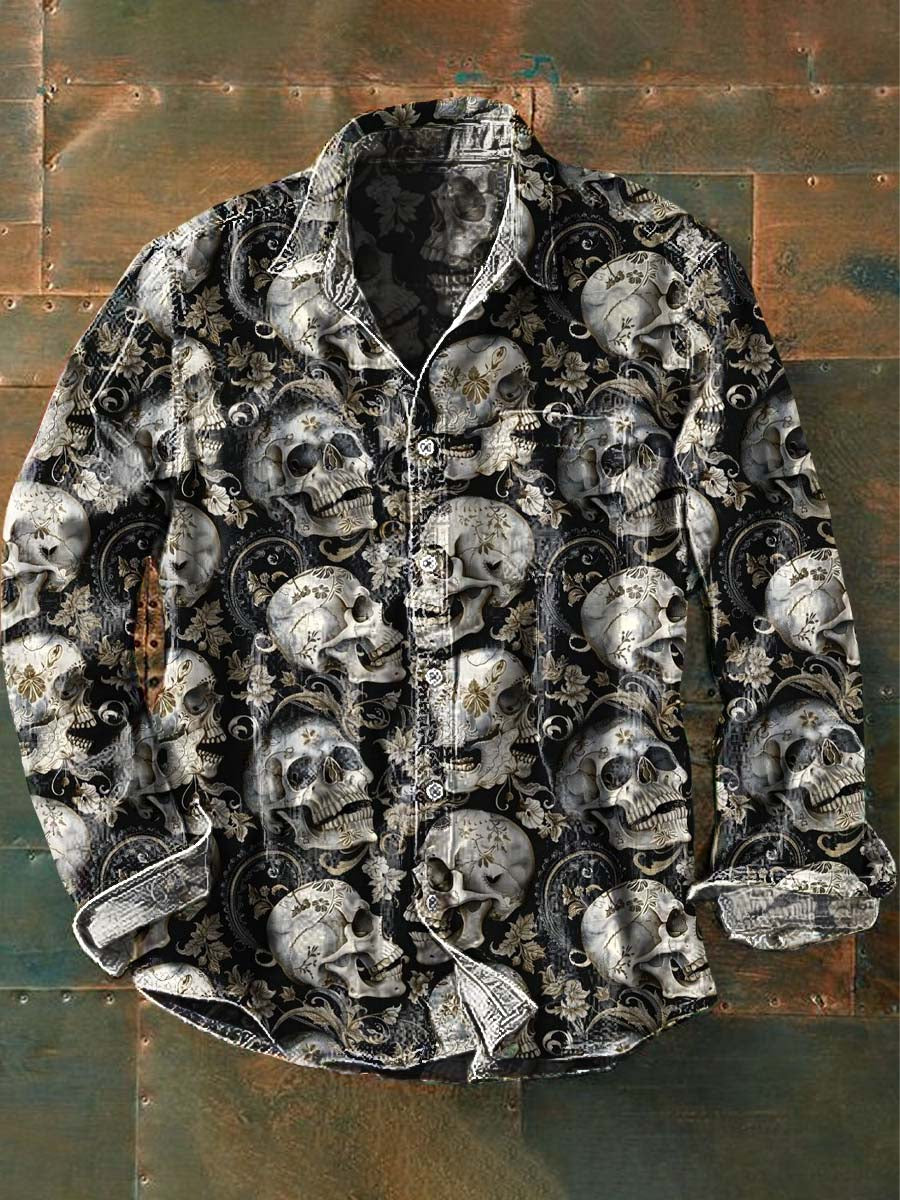Herren Vintage Skull Floral Print Lässiges Langarm-Hemd