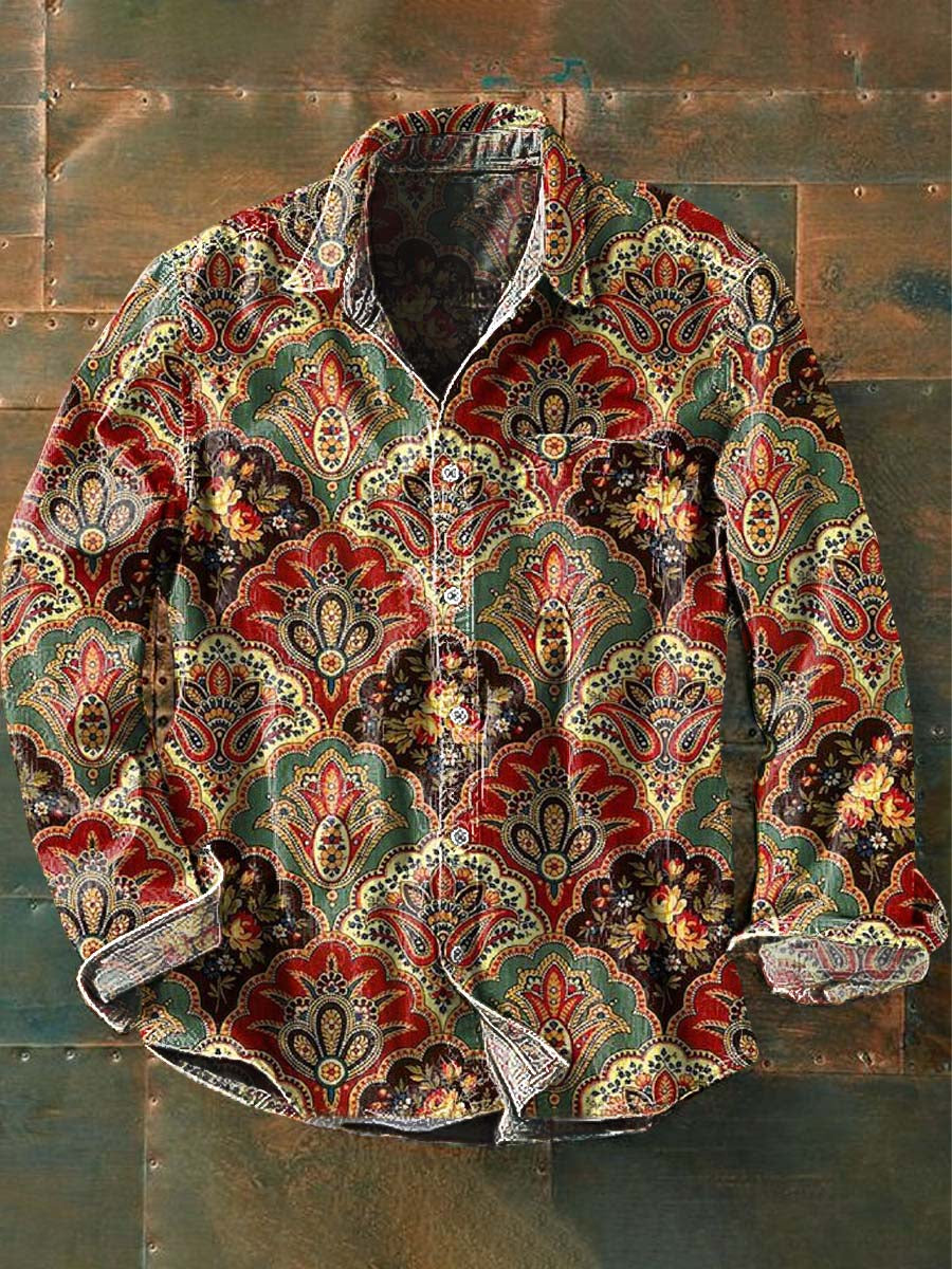 Herren Vintage-Blumen bedrucktes, lässiges, langärmliges Revers hemd
