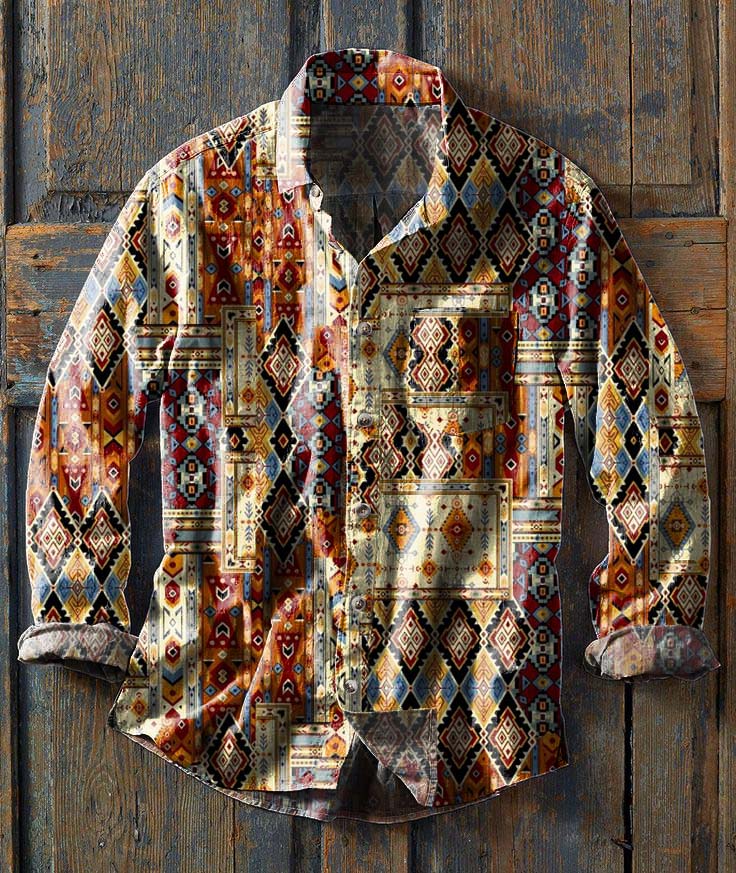 Langärmliges Herren-Hemd mit Western-Print-Lässiges Revers
