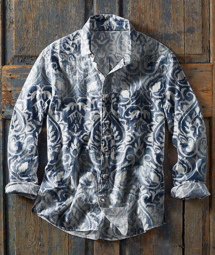 Langärmliges Herren-Hemd mit Western-Print-Lässiges Revers