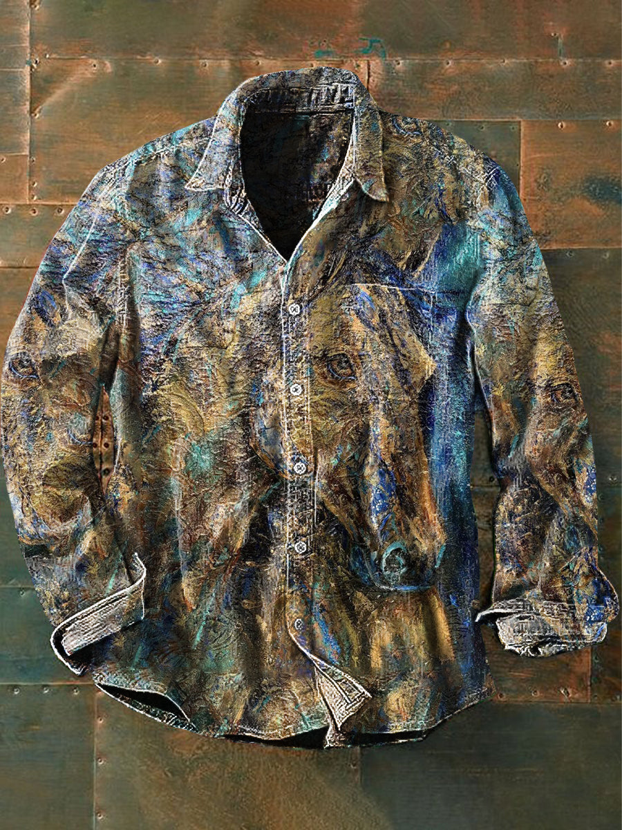 Unisex Herren Vintage Ethnische Western pferde Ölgemälde Abstrakt Print Lässiges Langärmliges Hemd