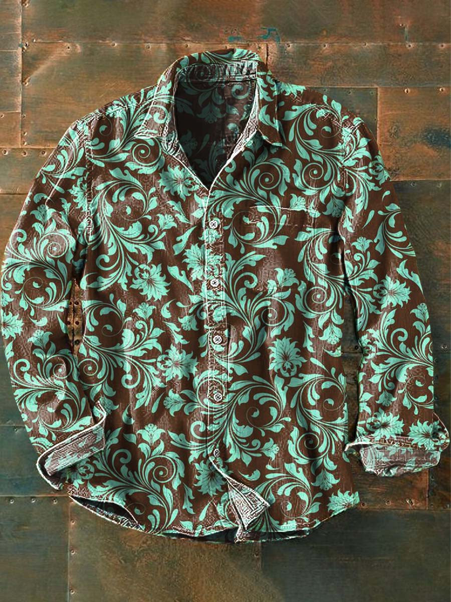Herren Vintage Western Print Lässiges Langarm-Hemd