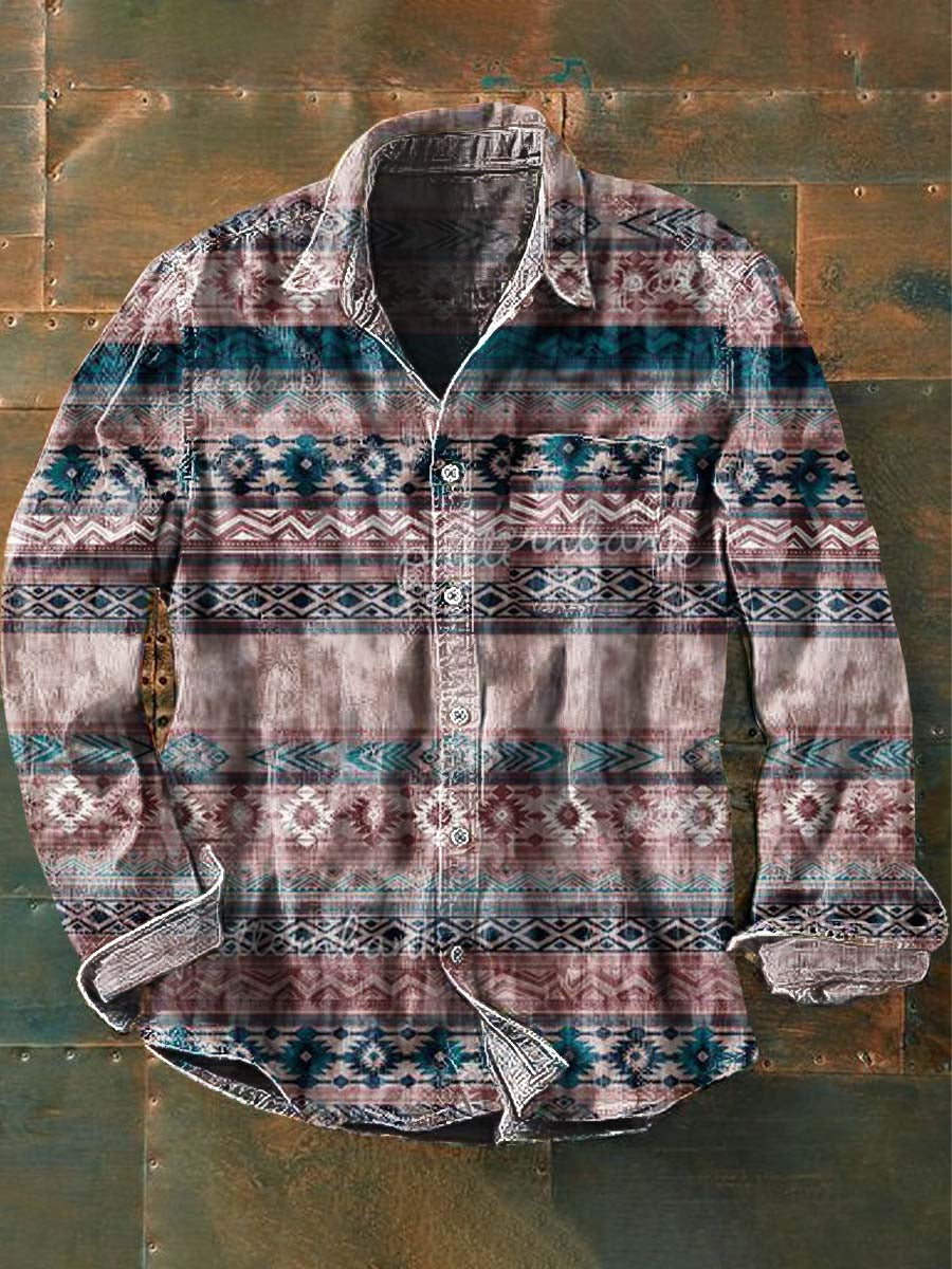 Herren Vintage Western Muster Print Lässiges Revers Langarm Hemd