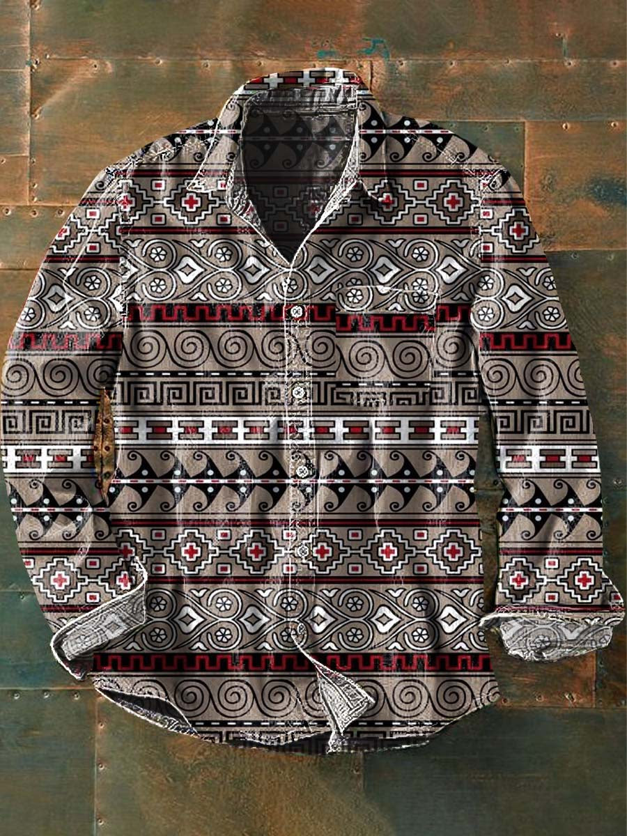 Herren Vintage Western Muster Print Lässiges Revers Langarm Hemd