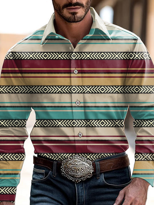 Herren Outdoor Vintage Western Ethnische bunte Streifen Muster Lässiges Baumwoll-Langarm-Shirt