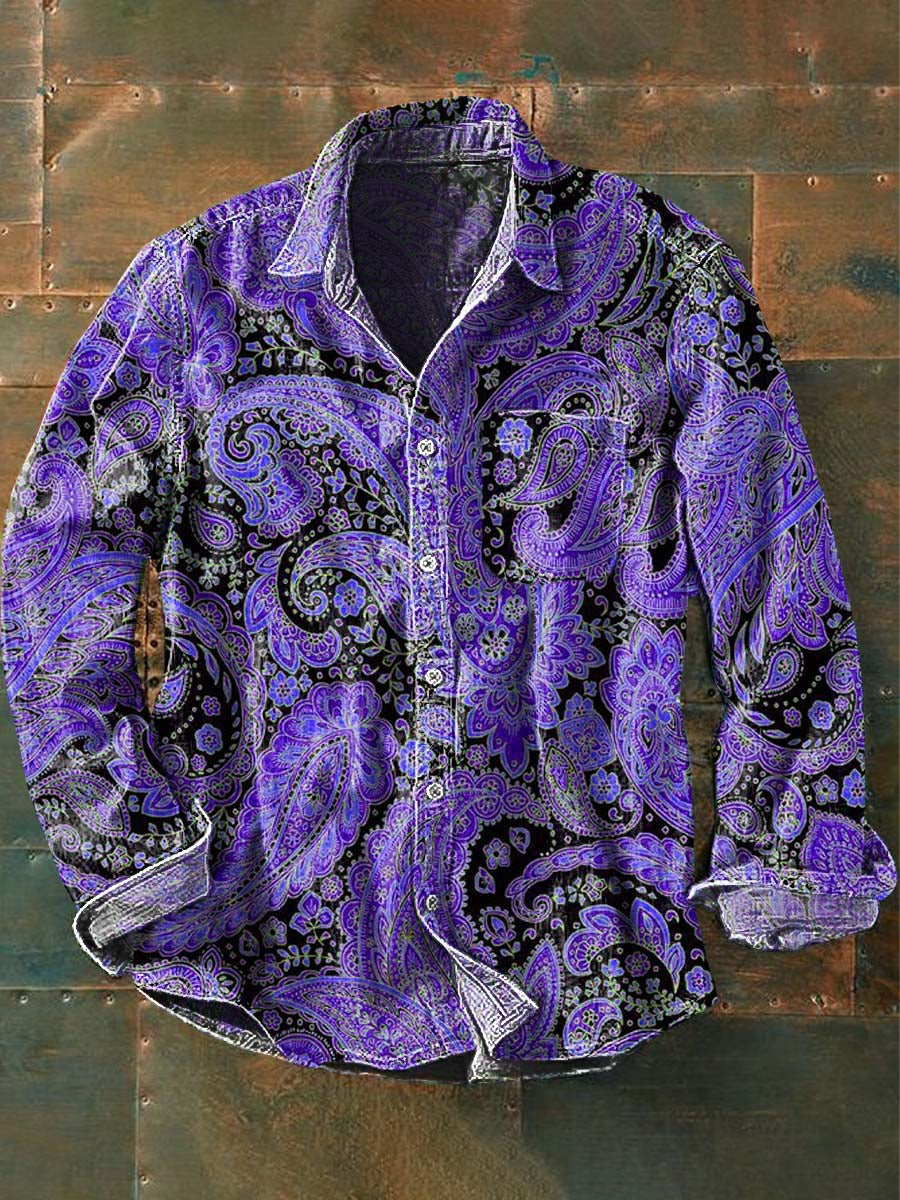 Herren Vintage Cashew Blumen druck Lässiges Langarm-Revers hemd